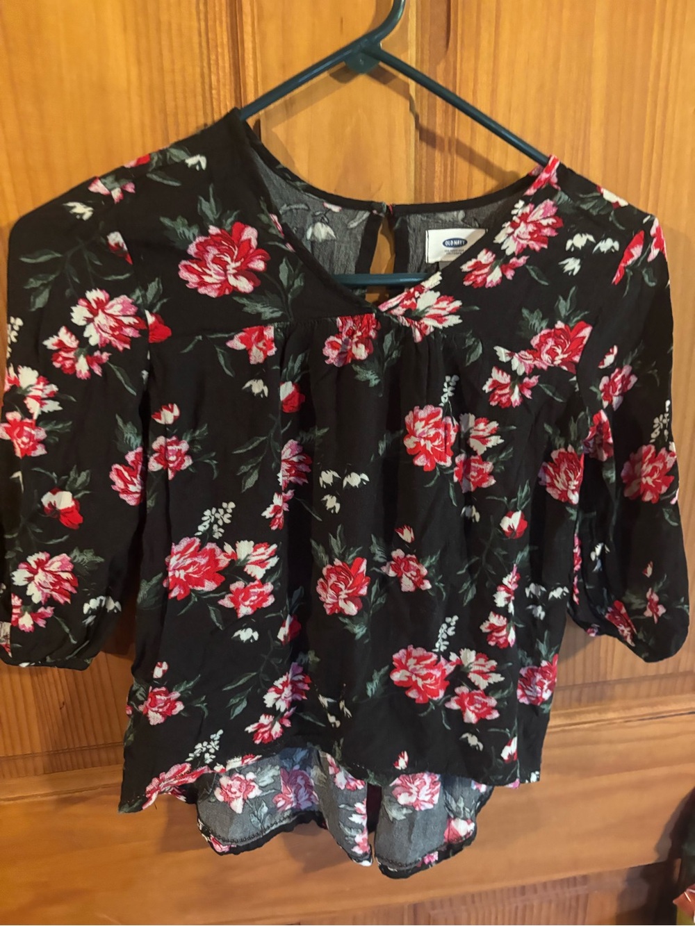Old Navy Black Floral Keyhole Blouse with Red Blossoms
